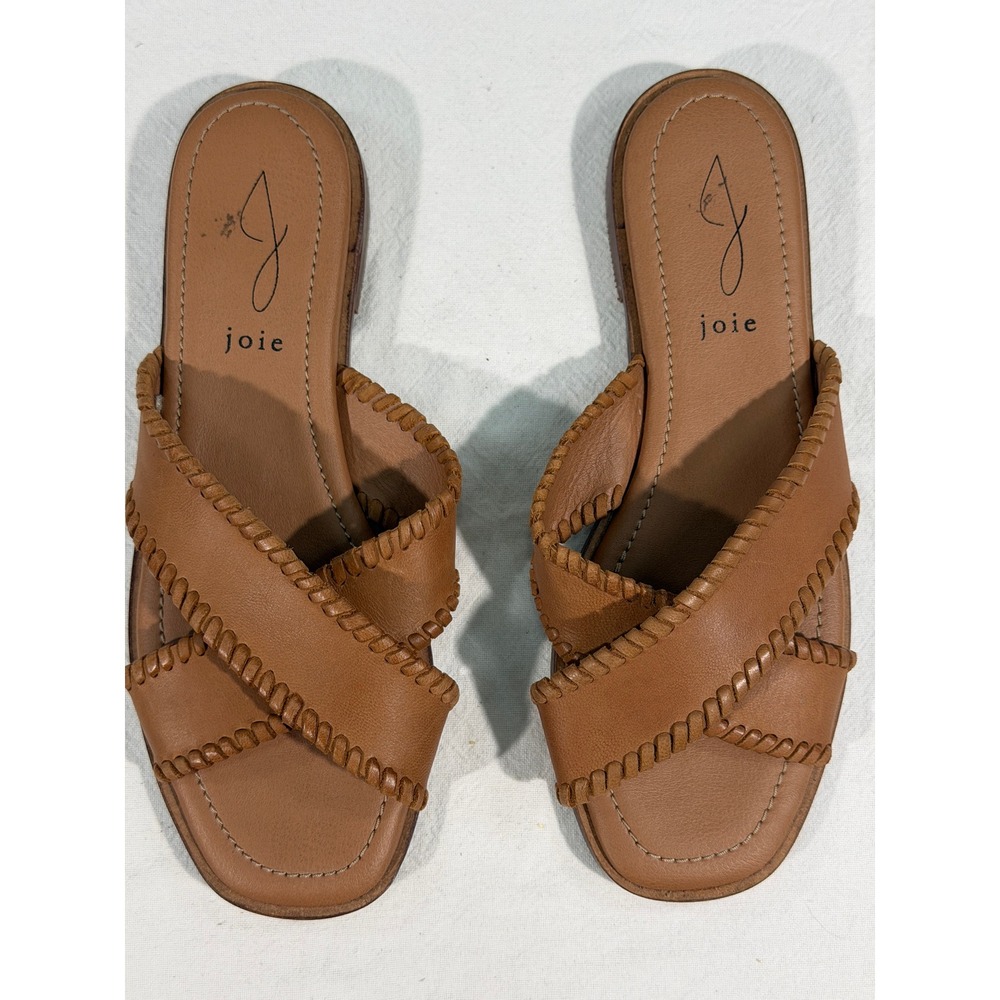 Joie Tan Leather Slide Sandals Womens 8 Cognac Whipstitch Flat Mules - Picture 2 of 8